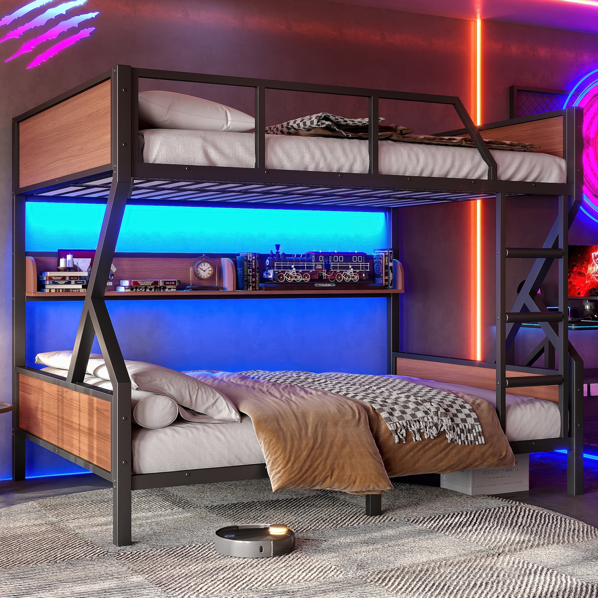 Full over Full Bunk Bed, Metal Bunk Bed with Storage Shelves and Lights, Space-saving & Noise-free Design, Black image 1