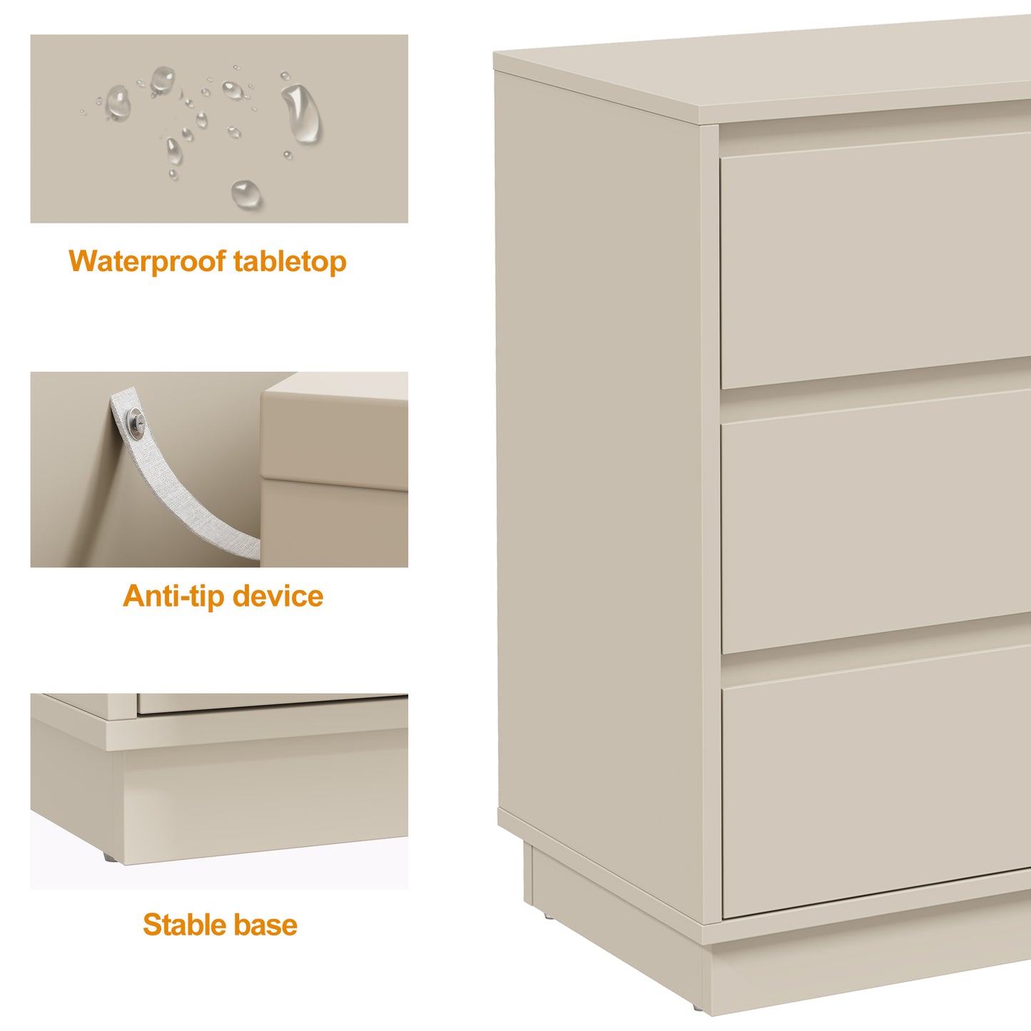Large 3 Drawer Dresser Set of 2, Modern Nightstand for Bedroom, Wide Bedside Table with Hidden Pull-out System, Wooden Chest of Drawers for Living Room, Entryway, Beige image 5