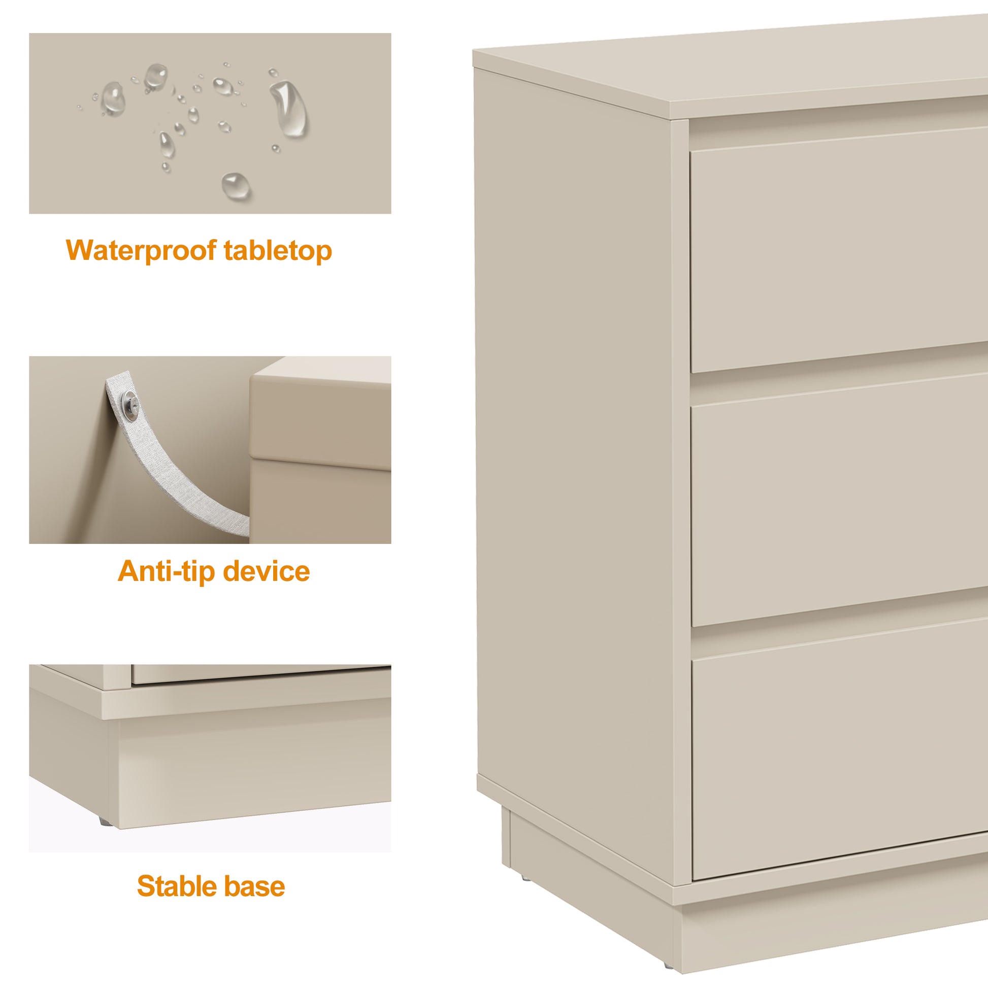 Large 3 Drawer Dresser Set of 2, Modern Nightstand for Bedroom, Wide Bedside Table with Hidden Pull-out System, Wooden Chest of Drawers for Living Room, Entryway, Beige image 5
