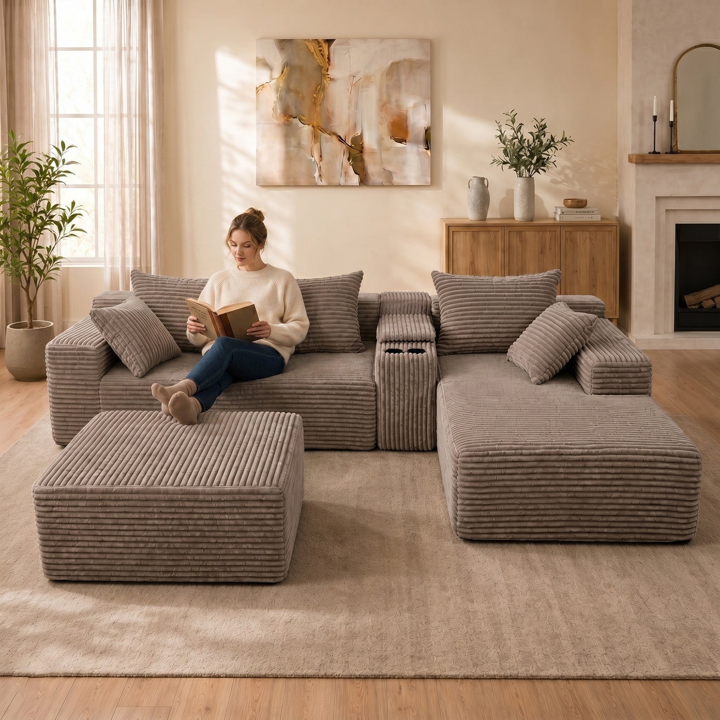 Advanced Corduroy U-shaped Modular Segmented Sofa, Large Sitting Depth Convertible Form, with Cup Holder and Storage Space, Modern Nordic Comfortable L-shaped Sofa Bed, Suitable for Large Living Rooms image 2