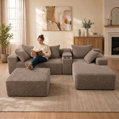 Advanced Corduroy U-shaped Modular Segmented Sofa, Large Sitting Depth Convertible Form, with Cup Holder and Storage Space, Modern Nordic Comfortable L-shaped Sofa Bed, Suitable for Large Living Rooms image 2