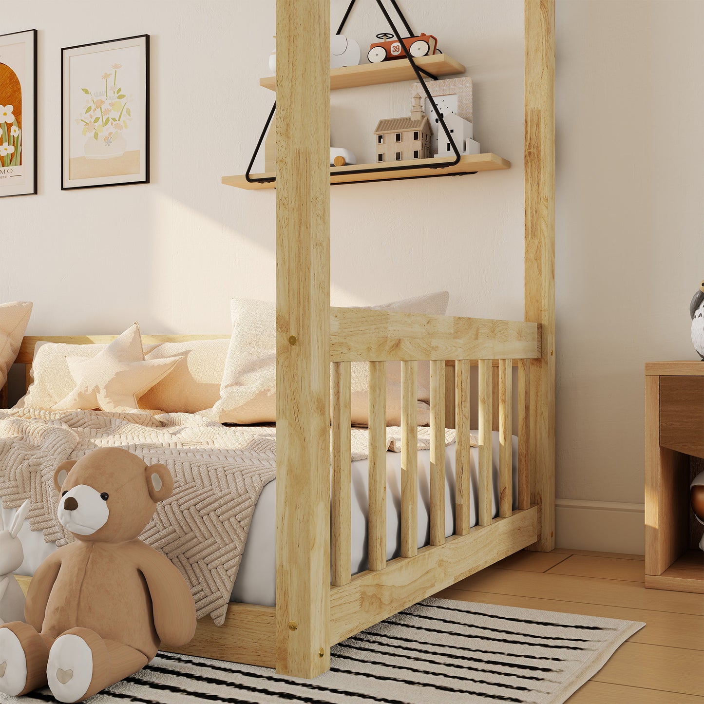 Twin Size Canopy Frame Floor Bed with Fence,Guardrails,Natural (Old Sku:W504P143279) image 11