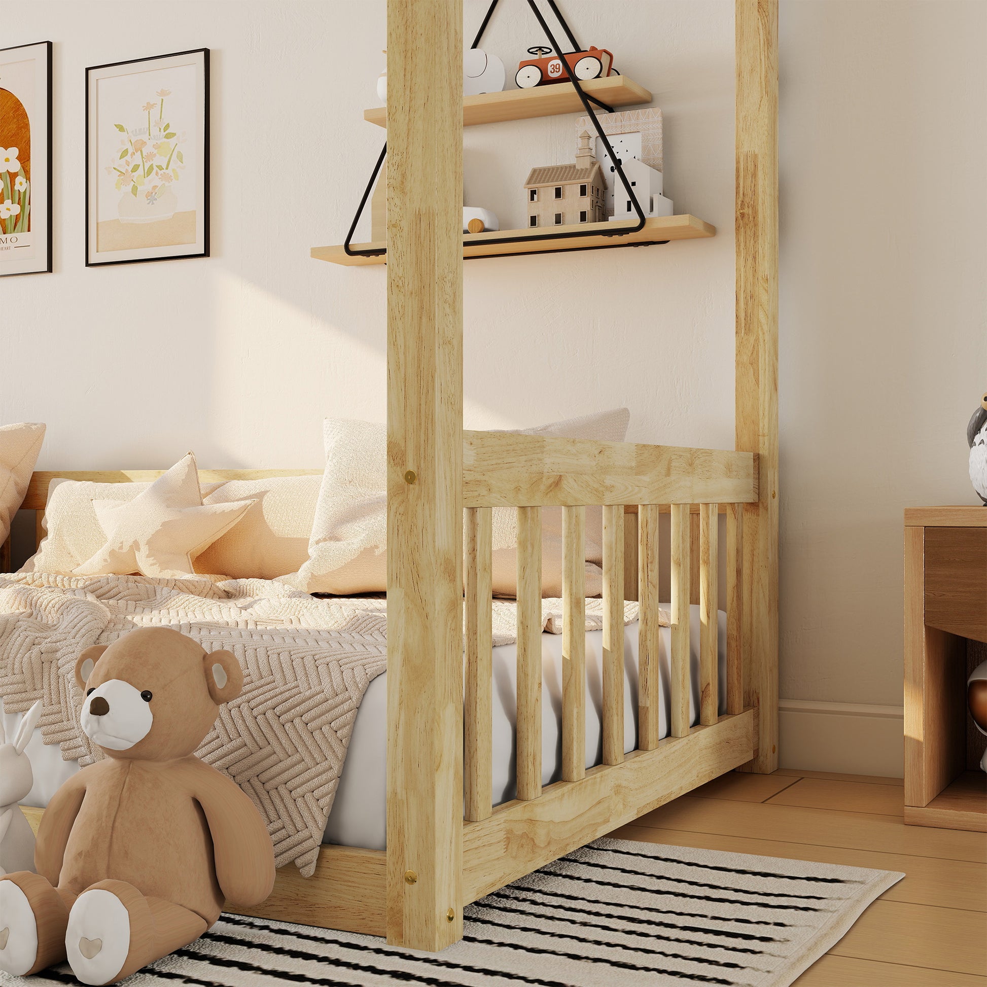 Twin Size Canopy Frame Floor Bed with Fence,Guardrails,Natural (Old Sku:W504P143279) image 11