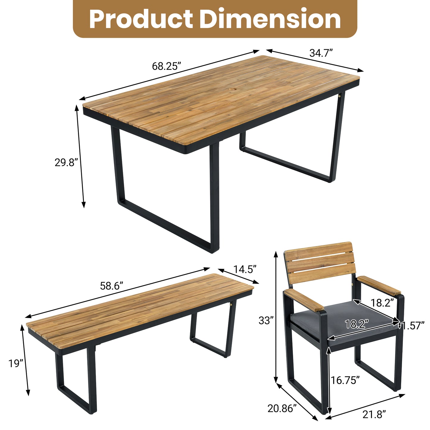 6-Piece Outdoor Dining Set, Acacia Wood, 1 Table with 4 Chairs & 1 Bench for 6-7 Person, Comfortable Cushions on Chairs, Adjustable Feet, for Patio, Garden, Backyard Dining, Gray Cushion image 7