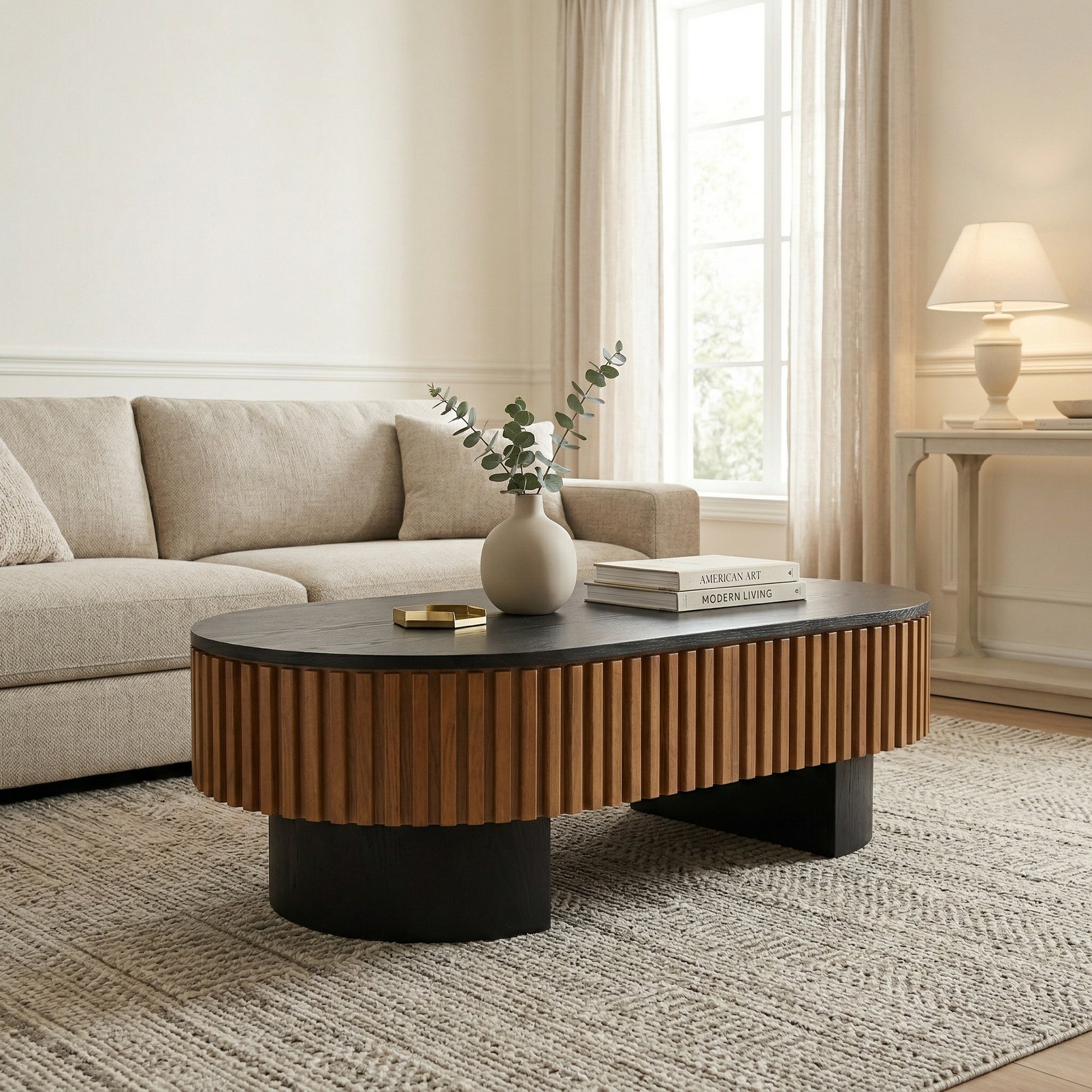 43.7" Oval Coffee Table With Hidden Storage, Fluted Modern Minimalist Wood Coffee Table for Living Room, Oval Center Table, Black + Walnut. image 2