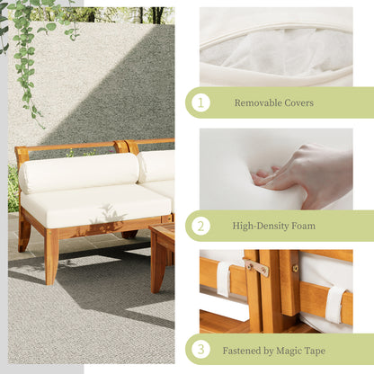 TOPMAX 6 Piece Patio Sofa Set, Acacia Wood Outdoor Modular Sectional Garden Furniture Set L-Shaped Conversation Set, Convertible Daybed with Tea Table, Ottoman, 5 Cushions and Pillows, Teak+Beige image 10