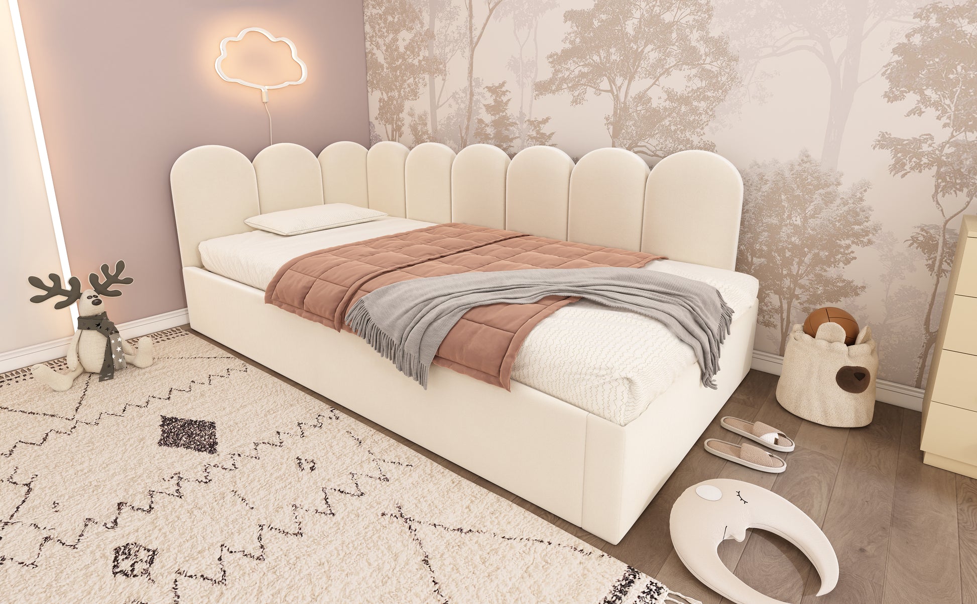Upholstered Bed Daybed With Pull-Out Bed, Twin Size Single Sofa Bed,Guest Beds For Adults and Children, Bed With Metal Slatted Frame, Velvet, Beige (Without Mattress) image 12