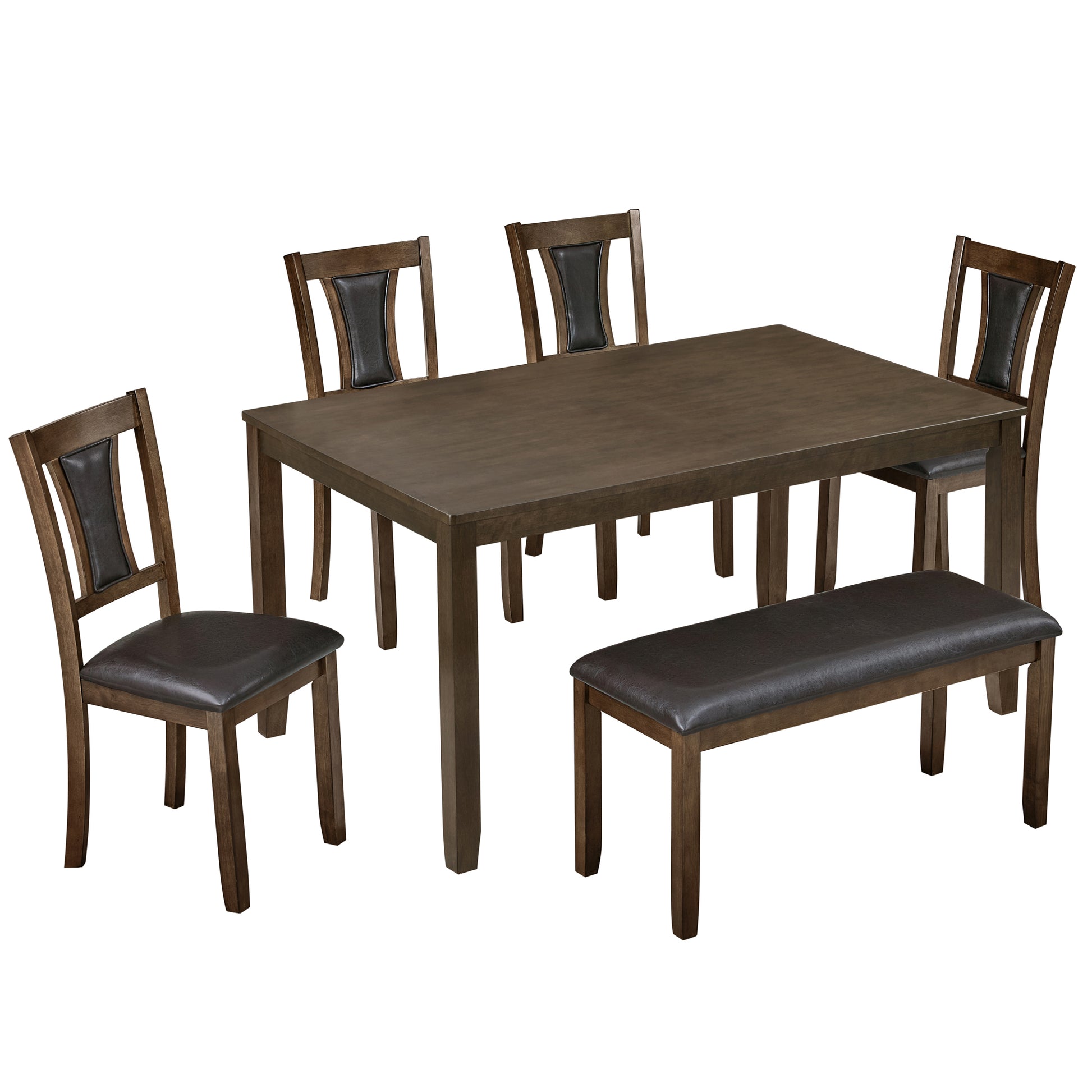 6-Piece Dining Table Set with Bench and Chairs, Wooden dining table set for 6 people, Farmhouse Rustic Style 6 Person Dining Table Set for Dining Room, Kitchen, Walnut image 9