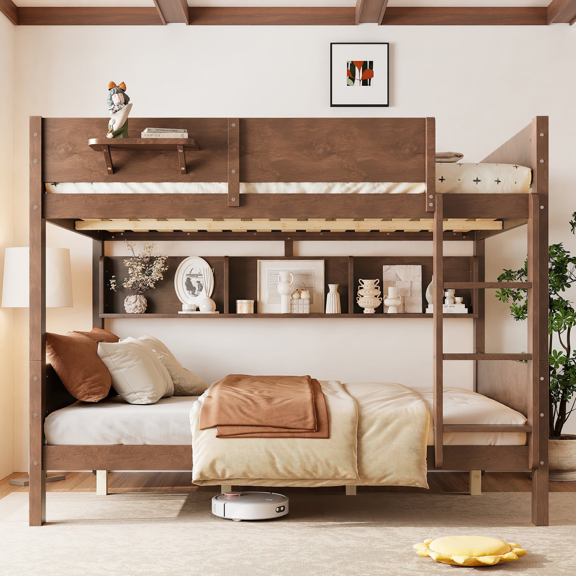 Queen over Queen Bunk Bed with Convenient Tray, Solid Wood Bunk Bed with Storage Shelves and Upgraded Slats,Vintage Brown image 2
