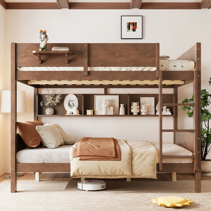 Queen over Queen Bunk Bed with Convenient Tray, Solid Wood Bunk Bed with Storage Shelves and Upgraded Slats,Vintage Brown image 2