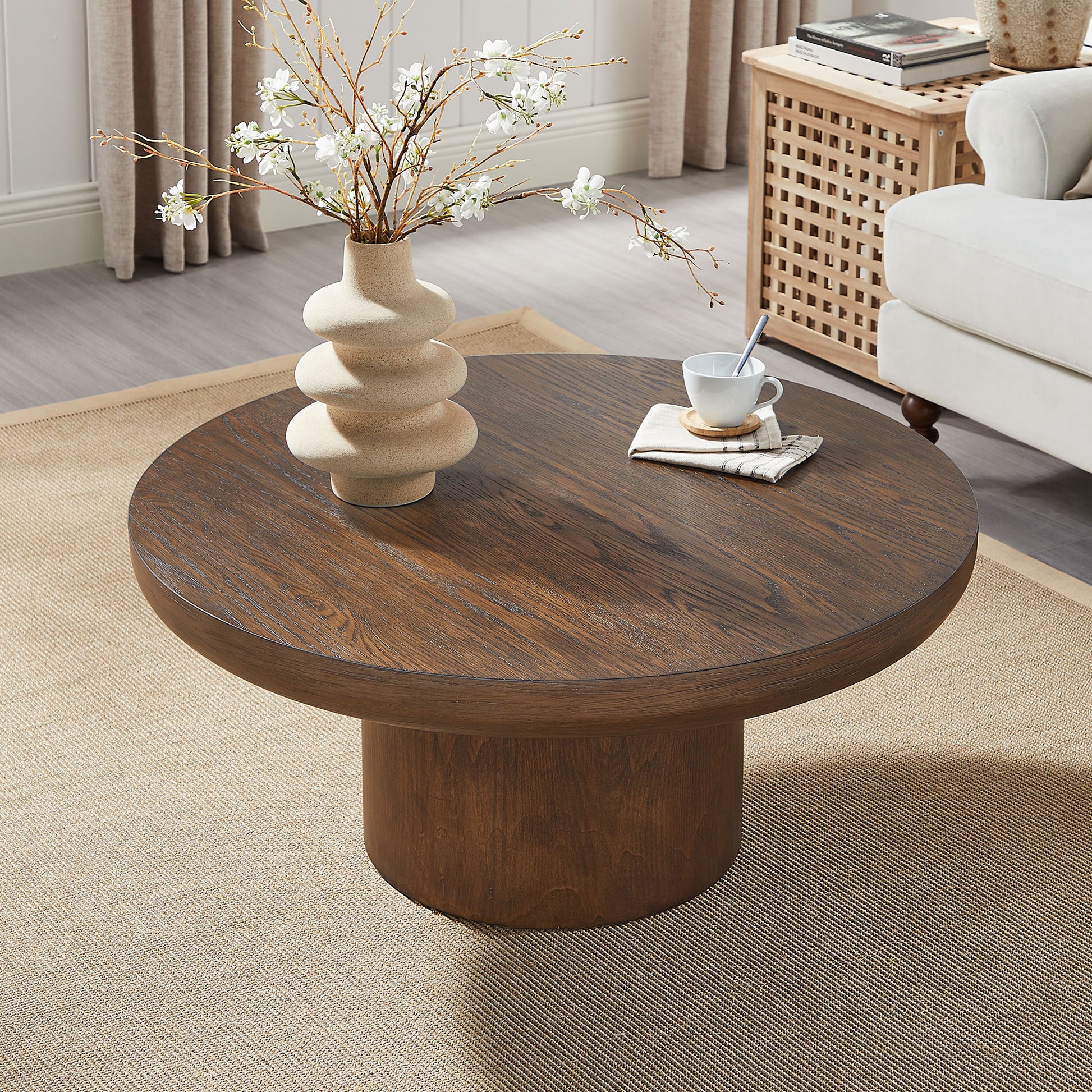 35.98inch Round Coffee Table with Cylindrical Leg,Wood Veneer Tabletop Table,Rounded Sofa Side Table for living Room Office,Brown image 5