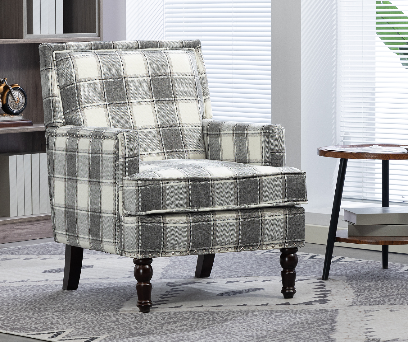 Upholstered Accent Chair, Vintage Armchair with Grey Linen Fabric and Nailhead Trim for Living Room image 2