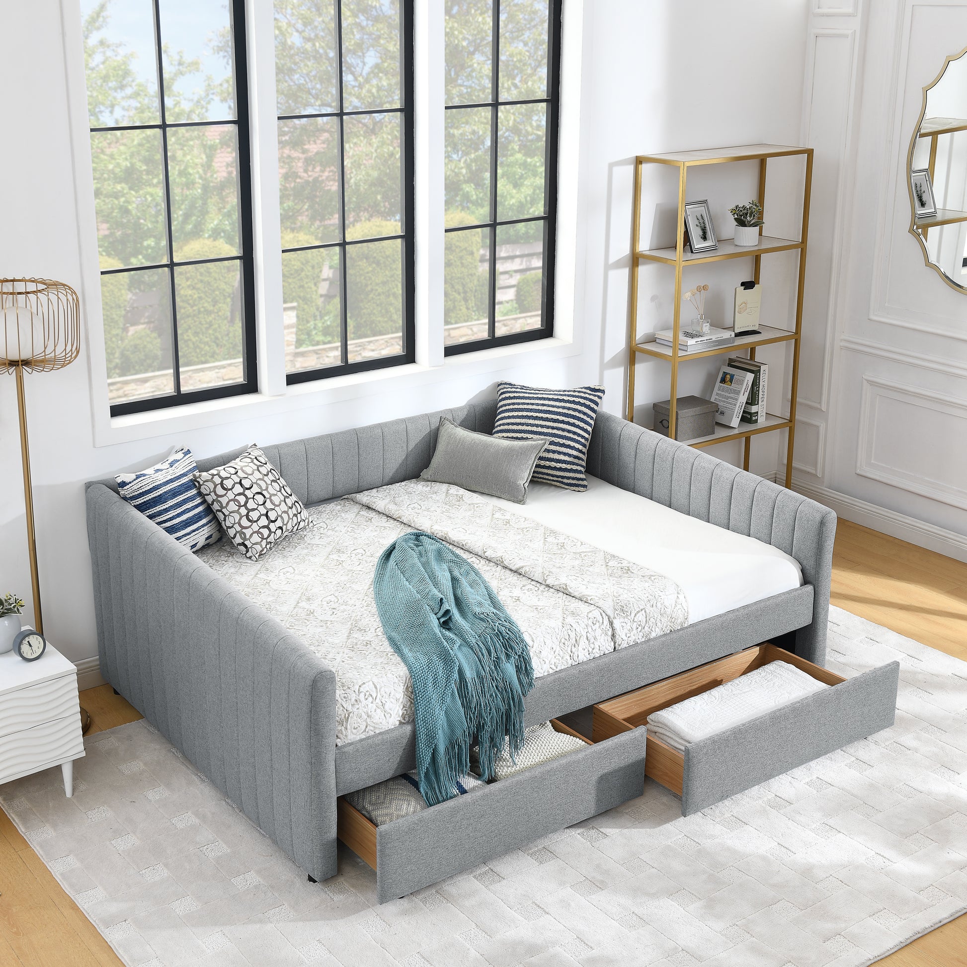 Queen Size Daybed with Two Drawers Trundle Upholstered Sofa Bed, with Vertical Stripes Linen Fabric, Grey (86.5"x65"x30") image 1