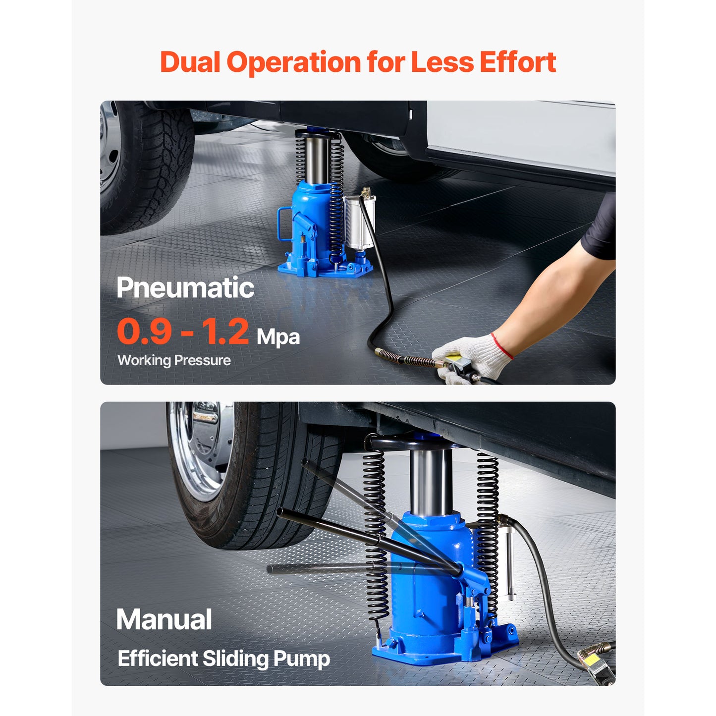 Air Hydraulic Bottle Jack, 32 Ton (70546.9 lbs) Capacity, 10-16.3 Inch Lifting Range, Pneumatic/Manual Heavy Duty Welded Bottle Jack with Pump for Car, SUV, Pickup, Truck, RV, Auto Repair, Blue image 4