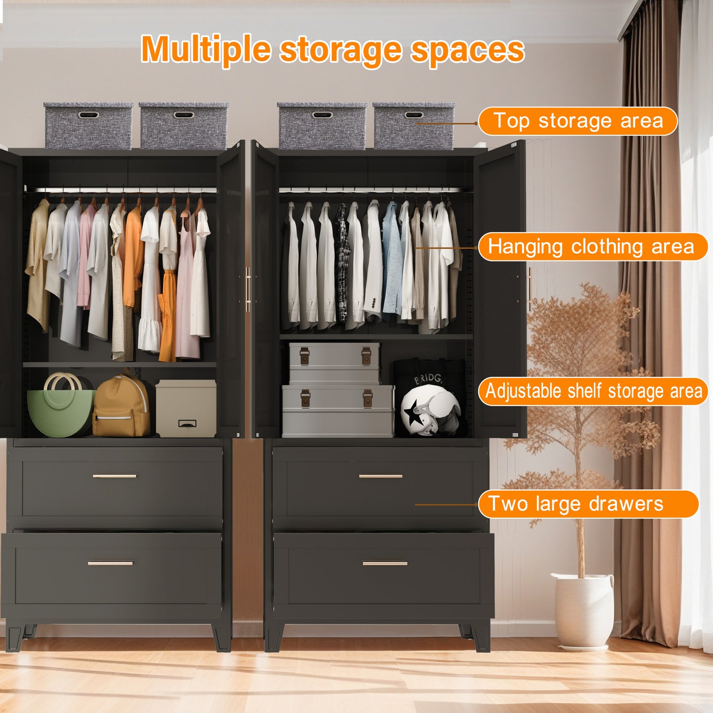 71" Tall Metal Wardrobe Cabinet with 2 Drawers and Hanging Rod, 2 Doors Wardrobe Closet with Shelf for Bedroom, Office, Laundry Room,Entryway,Foyer,Guesthouse (Black) image 5