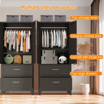71" Tall Metal Wardrobe Cabinet with 2 Drawers and Hanging Rod, 2 Doors Wardrobe Closet with Shelf for Bedroom, Office, Laundry Room,Entryway,Foyer,Guesthouse (Black) image 5