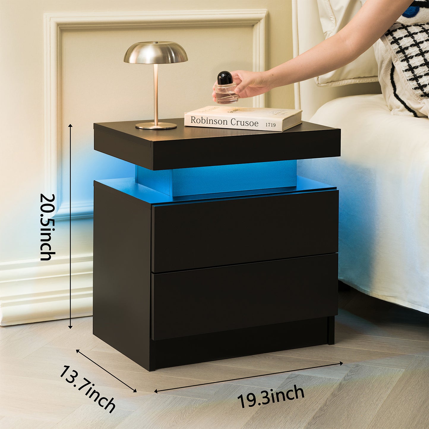Nightstand LED Bedside Table Cabinet Lights Modern End Side with 2 Drawers for Bedroom (Black) image 3