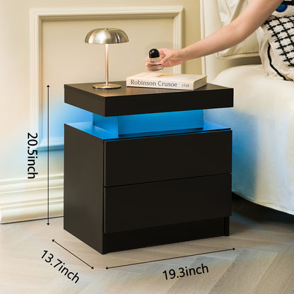 Nightstand LED Bedside Table Cabinet Lights Modern End Side with 2 Drawers for Bedroom (Black) image 3