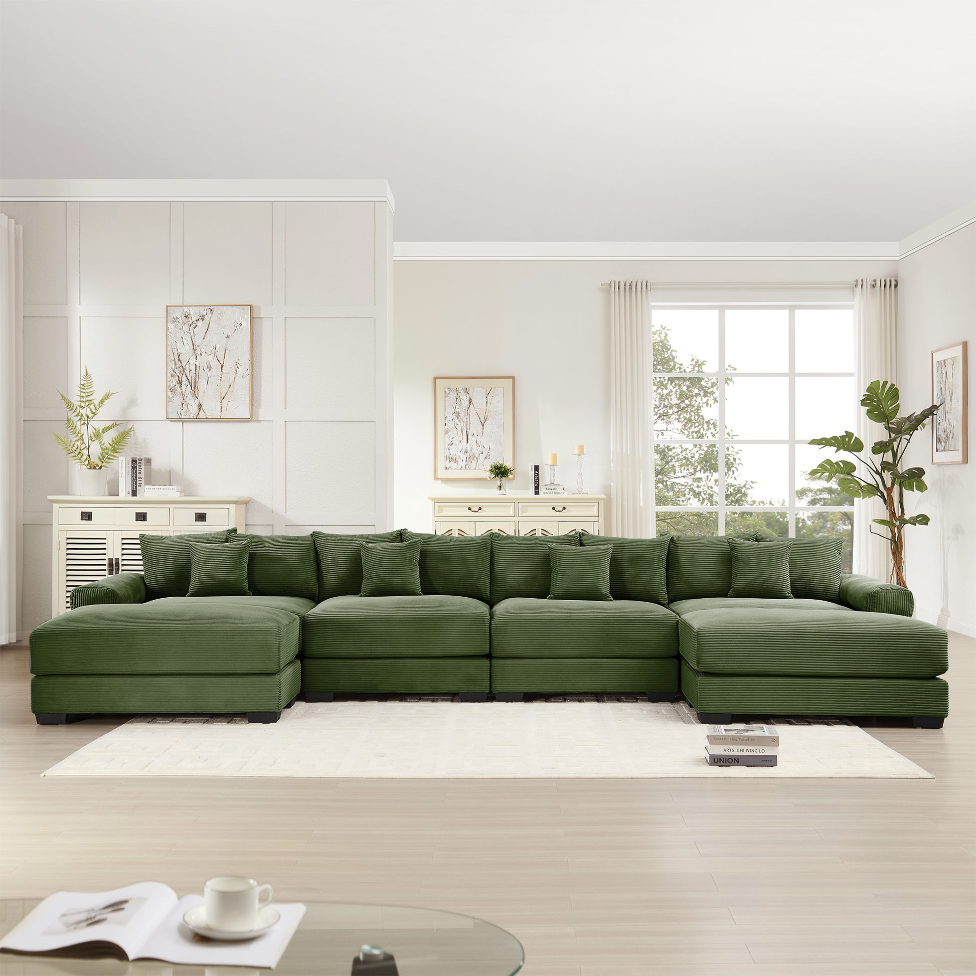 170"Oversized Cloud Modular U-Shape Sectional Couch,Premium Corduroy Fabric With An Ottoman,Deep Seat Wide Armrests,8 Throw Pillows Good Resilience Cushion,Easy Assembly,For Living Rooms Studies,Green image 3