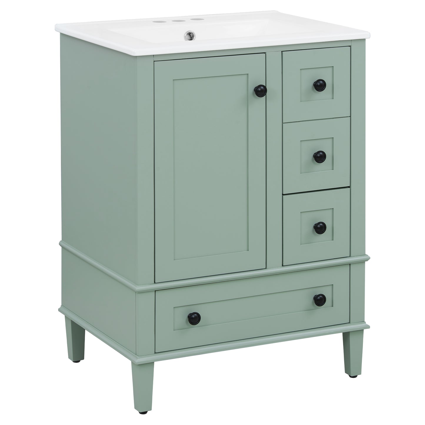 24-inch light green bathroom vanity with an integrated ceramic basin, featuring a door-mounted double-layer shelf, soft-close drawers, and a soft-close cabinet door image 12