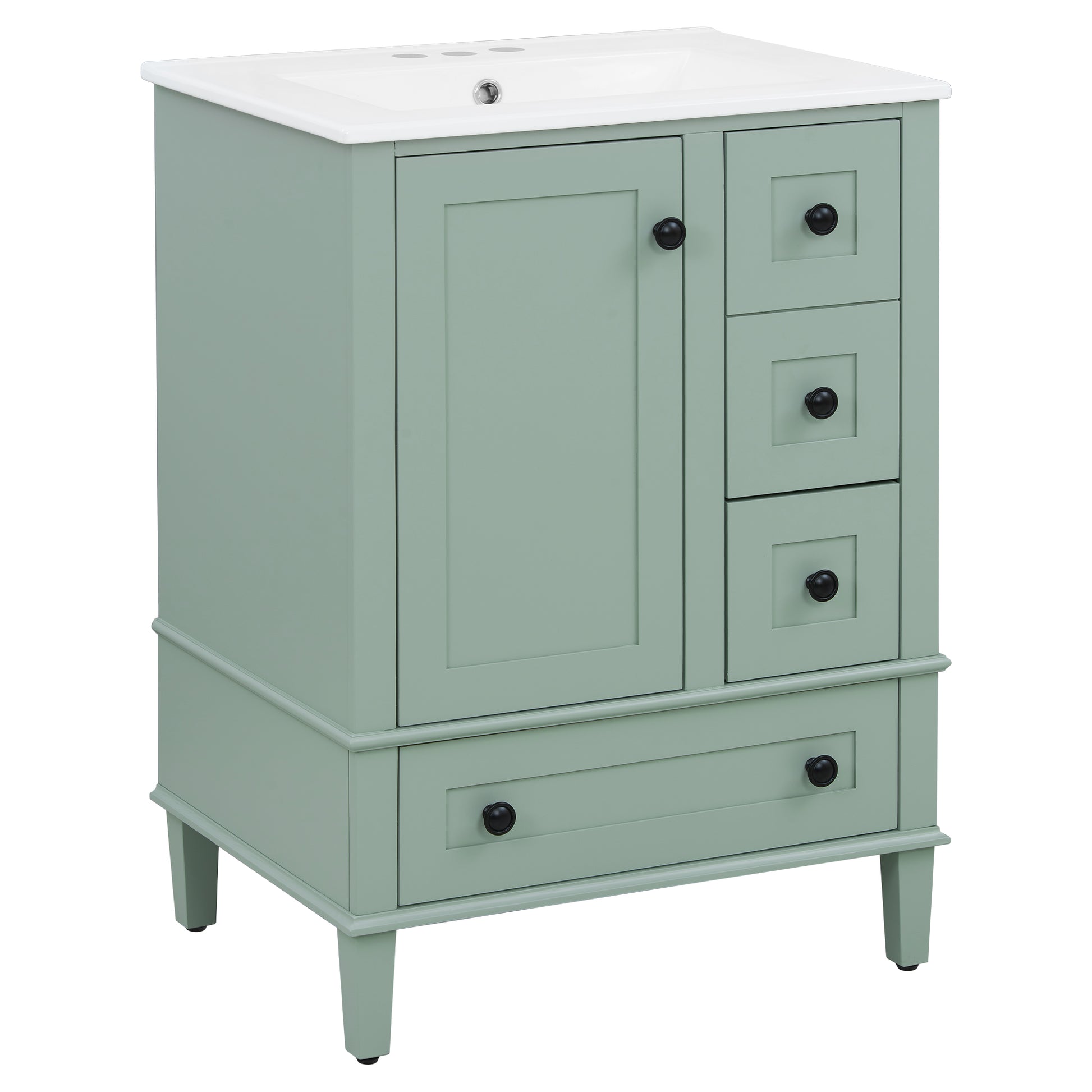 24-inch light green bathroom vanity with an integrated ceramic basin, featuring a door-mounted double-layer shelf, soft-close drawers, and a soft-close cabinet door image 12