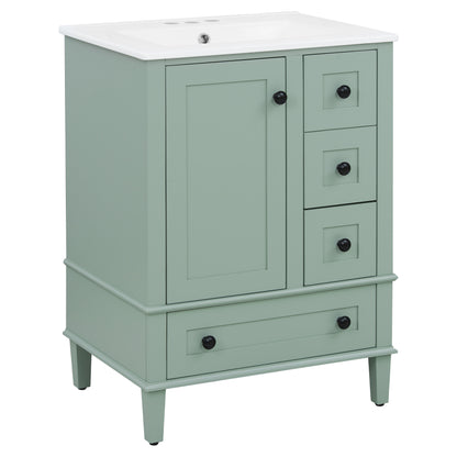24-inch light green bathroom vanity with an integrated ceramic basin, featuring a door-mounted double-layer shelf, soft-close drawers, and a soft-close cabinet door image 12