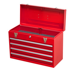 Metal Tool Box with 4 Drawers Portable Steel Tool Chest with Metal Cylinder Lock and Latch Closure, Liner, Red Powder coating, suitable for Garage, Warehouse and Outdoor Repair job-Red