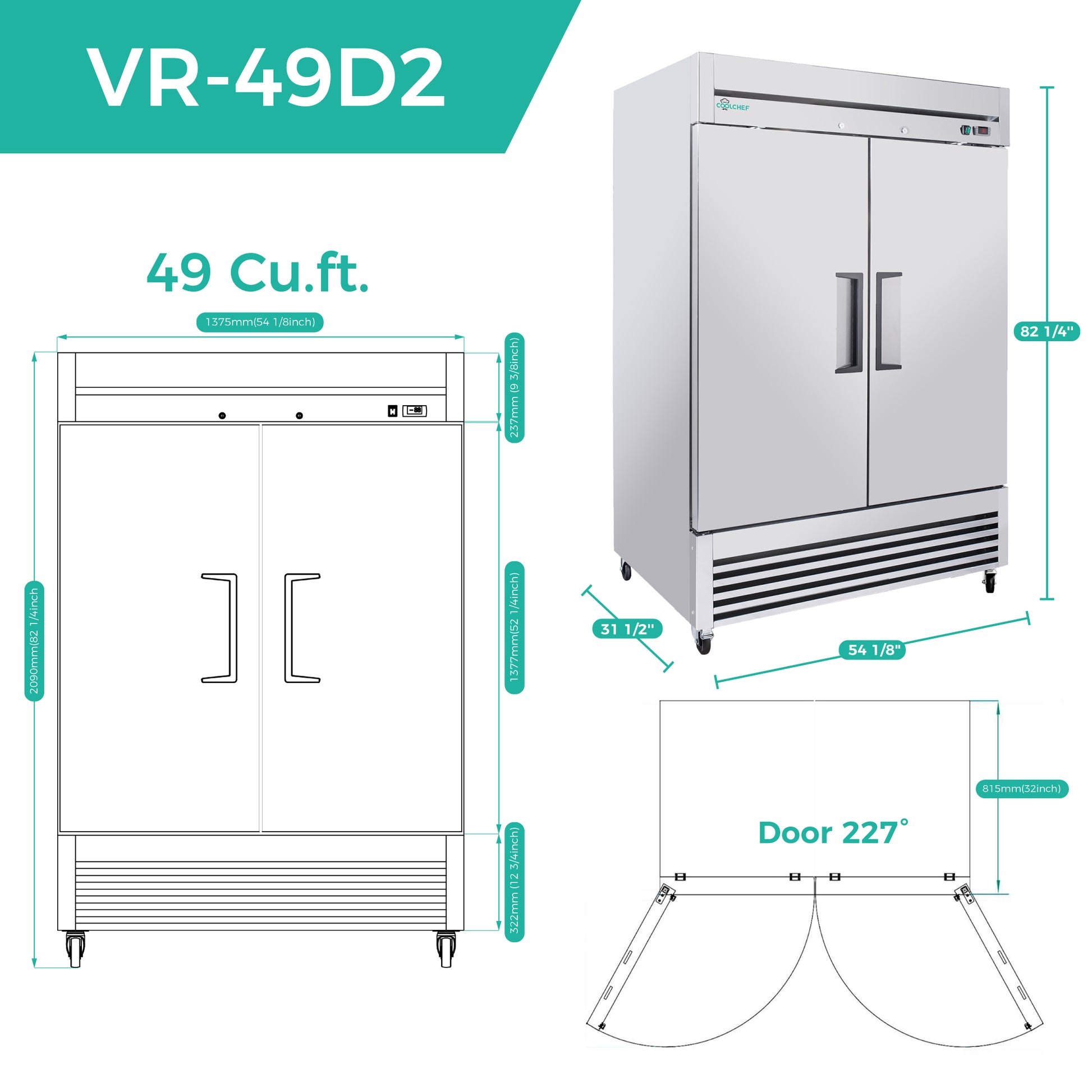 54" Commercial Refrigerator 49 Cu.Ft, Stainless Steel 2 Door Reach-in Fridge, 32–37℉, Air Cooling, LED Light, 6 Shelves, R290, ETL image 6