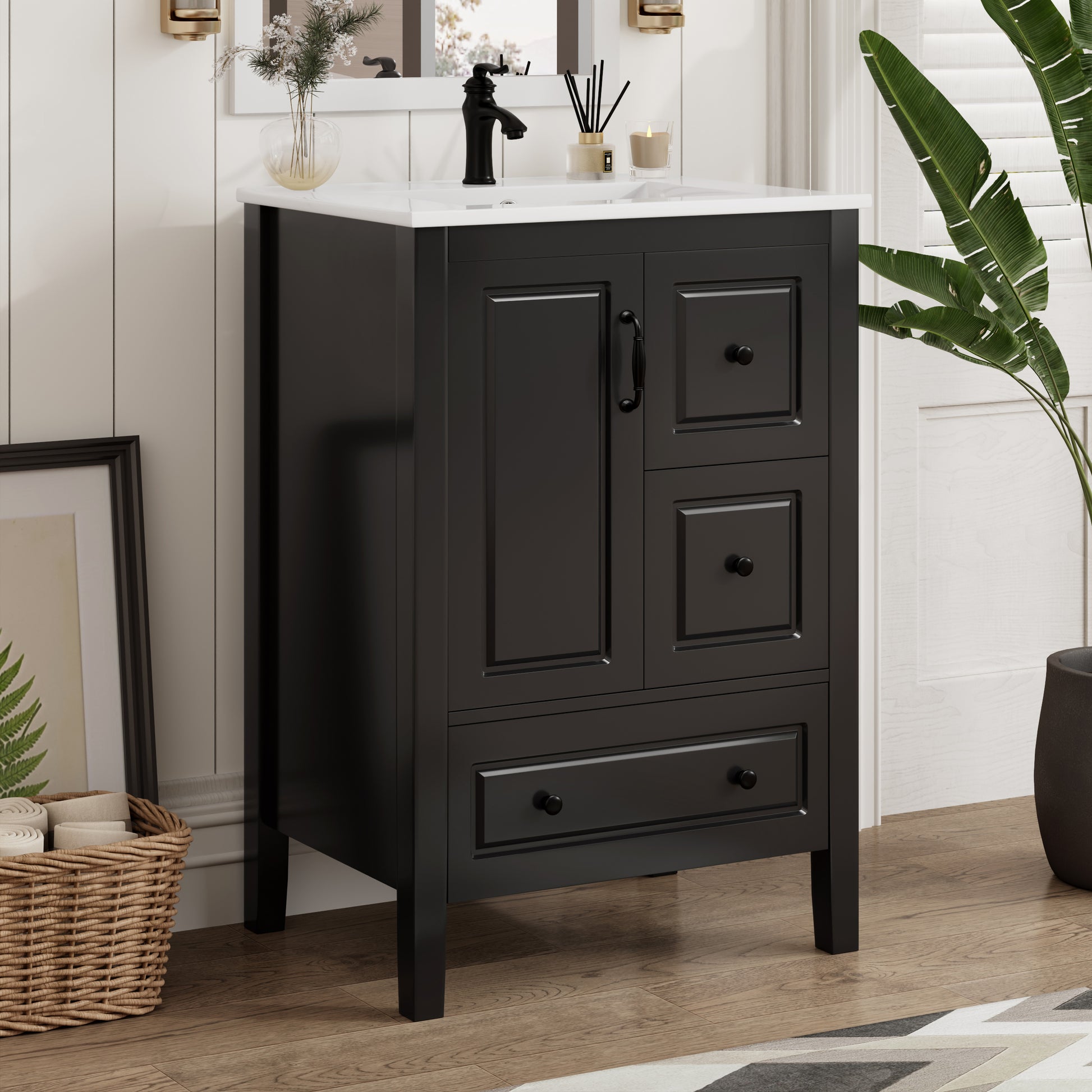 24 inch Bathroom Vanity with Sink, One Cabinet with Soft-closing Door, 3 Soft-closing Drawers, Retro Metal Handles, Black image 1
