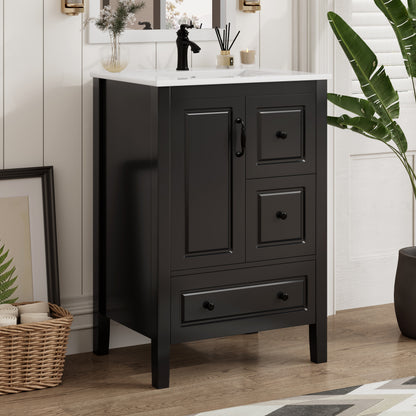 24 inch Bathroom Vanity with Sink, One Cabinet with Soft-closing Door, 3 Soft-closing Drawers, Retro Metal Handles, Black image 1