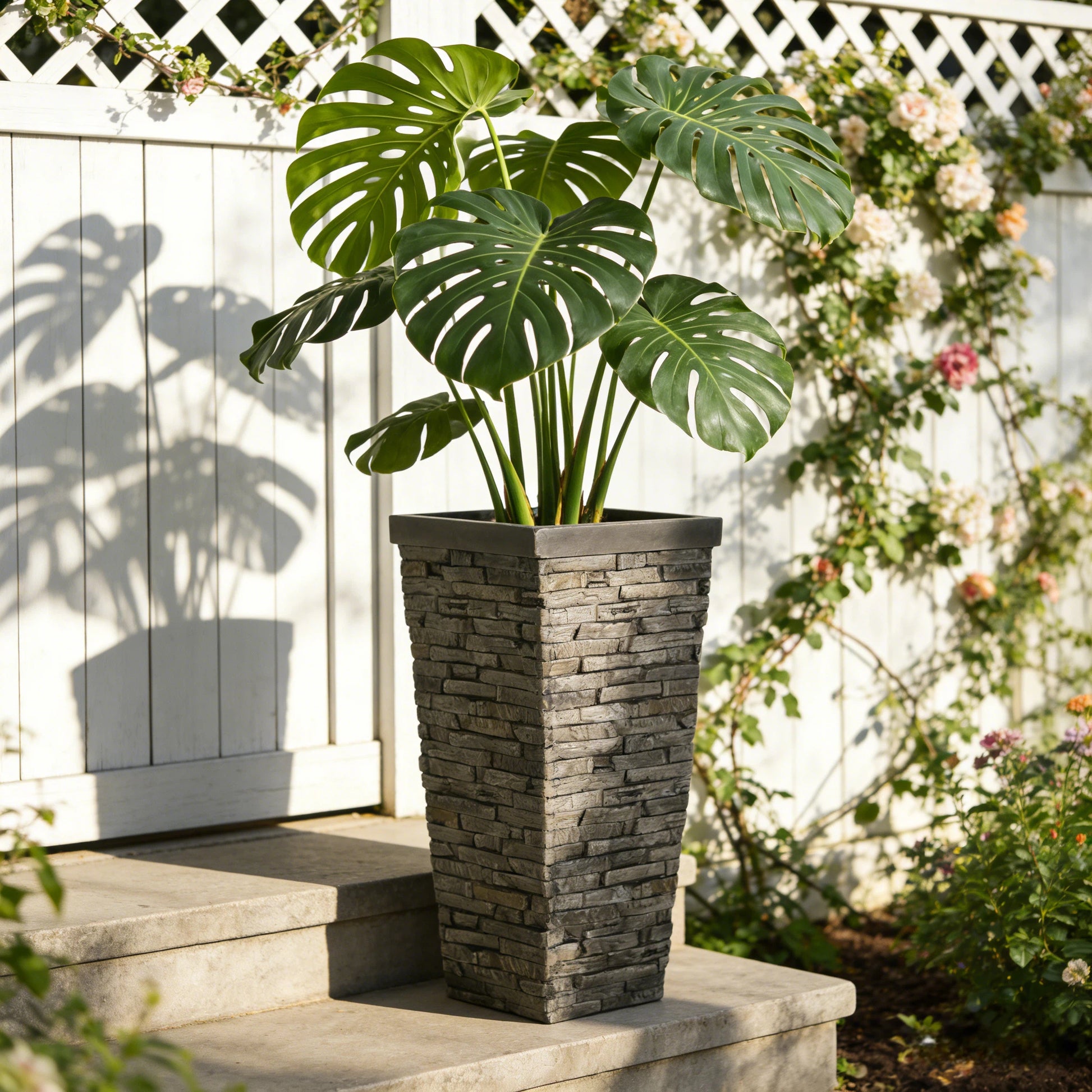 Tall Grey Stone-Effect MGO Planter - Indoor Outdoor Tall Square Plant Pot with Realistic Brick Texture, Weatherproof Heavy-Duty Container for Trees, Shrubs & Large Plants image 1
