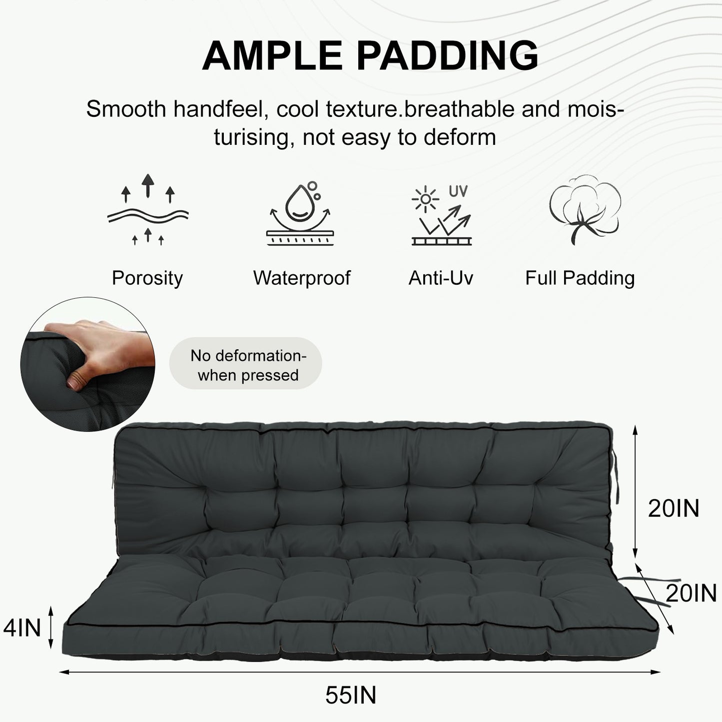 3 Seater Outdoor Porch Swing Cushion with Backrest, 4 Inch Extra Thick Waterproof Swing Replacement Cushion, 2-3 Seat Thicken Patio Bench Cushion for Garden Backyard Outdoor Furniture (dull grey) image 2