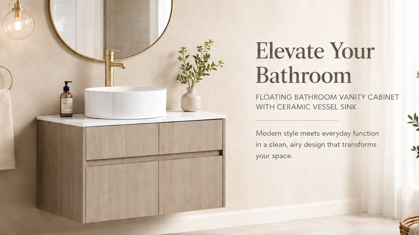 32 Inch Wall-Mounted Bathroom Vanity with Ceramic Art Basin, and PVC Flat Panel, 2-Soft Close Doors and 1-Drawer, KD-Packing, Particle Board image 2