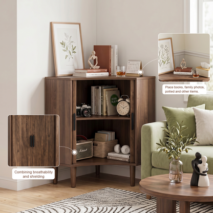 Fluted Corner Cabinet, Small Corner Floor Cabinet with Sliding Doors and Adjustable Shelves, Modern Wooden Freestanding Narrow Storage Cabinet for Small Space,Living Room,Dining Room,Bathroom, Walnut image 3