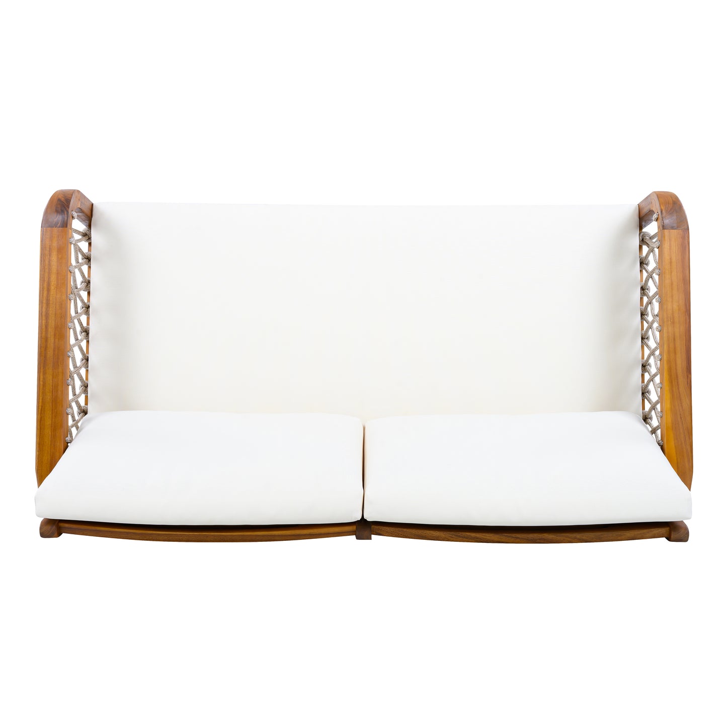 4-Piece Acacia Wood Outdoor Patio Furniture Set, All-Weather Conversation Sofa Set with Rope Woven Armrests, Removable Cushions for Backyard Garden,Teak finish+Oatmeal rope+Cream Beige cushion image 12