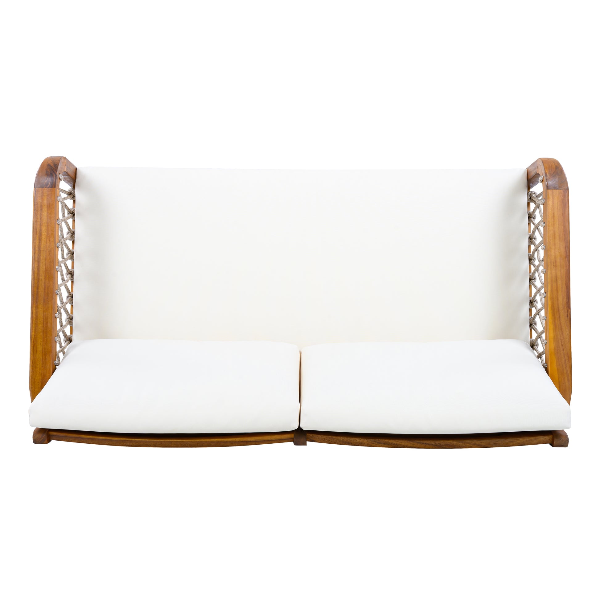 4-Piece Acacia Wood Outdoor Patio Furniture Set, All-Weather Conversation Sofa Set with Rope Woven Armrests, Removable Cushions for Backyard Garden,Teak finish+Oatmeal rope+Cream Beige cushion image 12