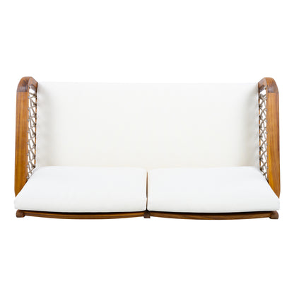 4-Piece Acacia Wood Outdoor Patio Furniture Set, All-Weather Conversation Sofa Set with Rope Woven Armrests, Removable Cushions for Backyard Garden,Teak finish+Oatmeal rope+Cream Beige cushion image 12
