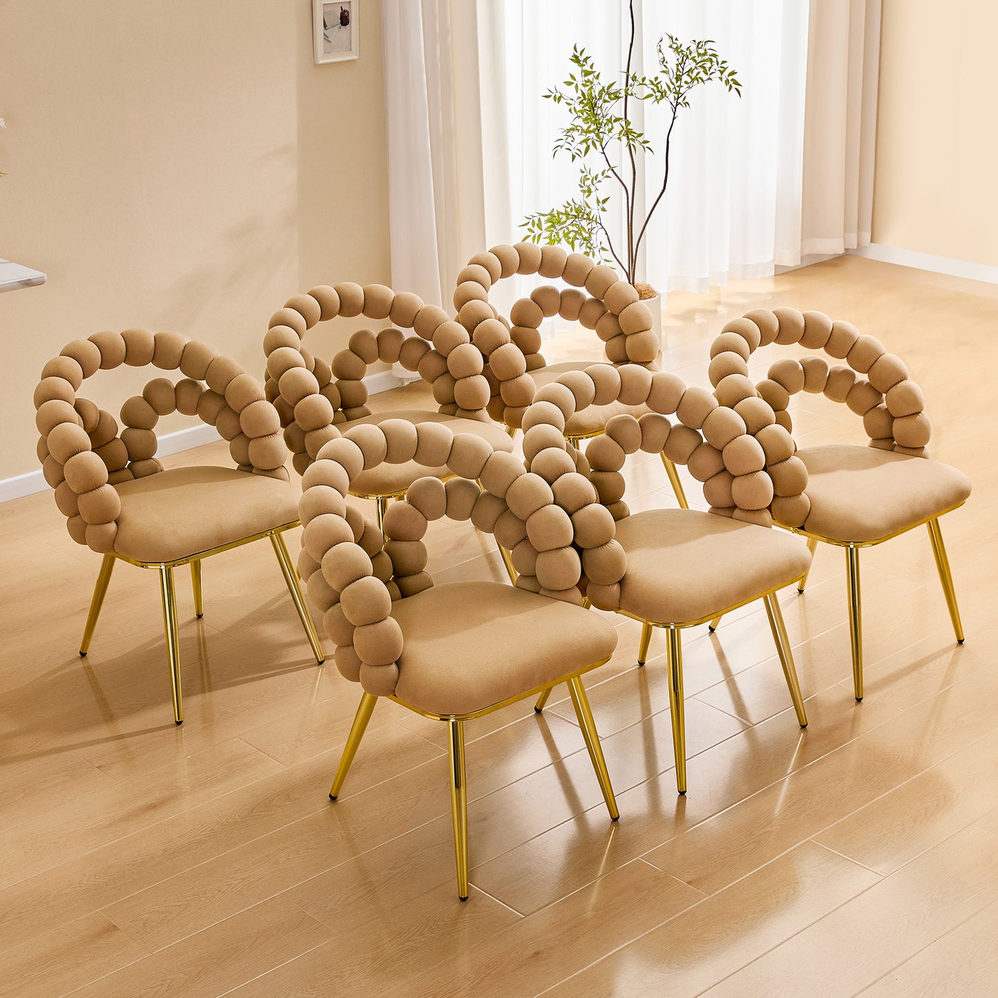 Set of 2 Modern Velvet Dining Chair with Bubble Back, Accent Chair with Gold Metal Legs, Upholstered Vanity Chair for Dining Room, Living Room, Bedroom, Brown & Gold image 7