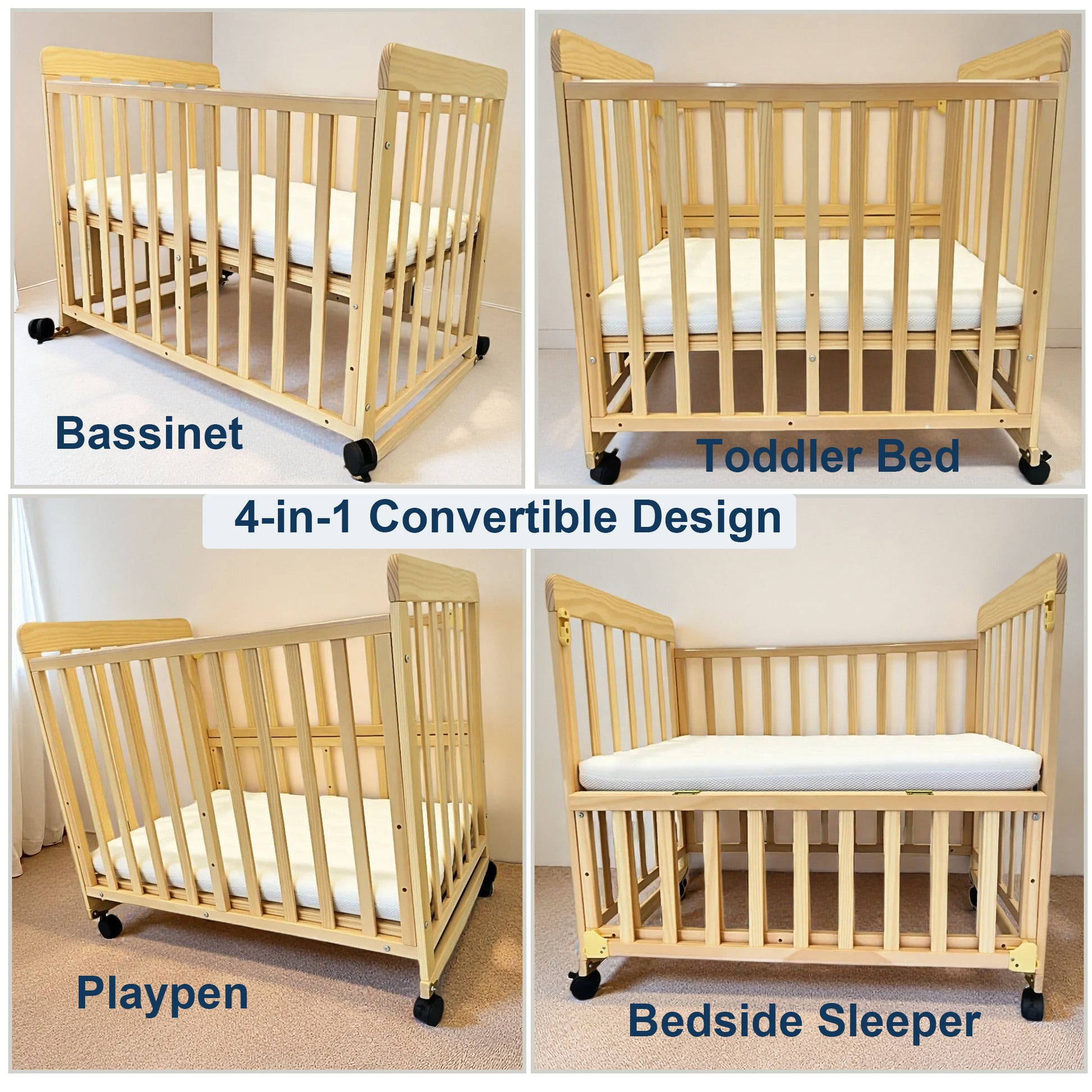 Baby Bassinets Bedside Sleeper - Portable Pine Wood Bedside Bassinet,3 Heights Small Mini Crib with Mattress 1.97 - 2.2in,Space-Saving Design Baby Crib for Newborns 0-36 Months image 8
