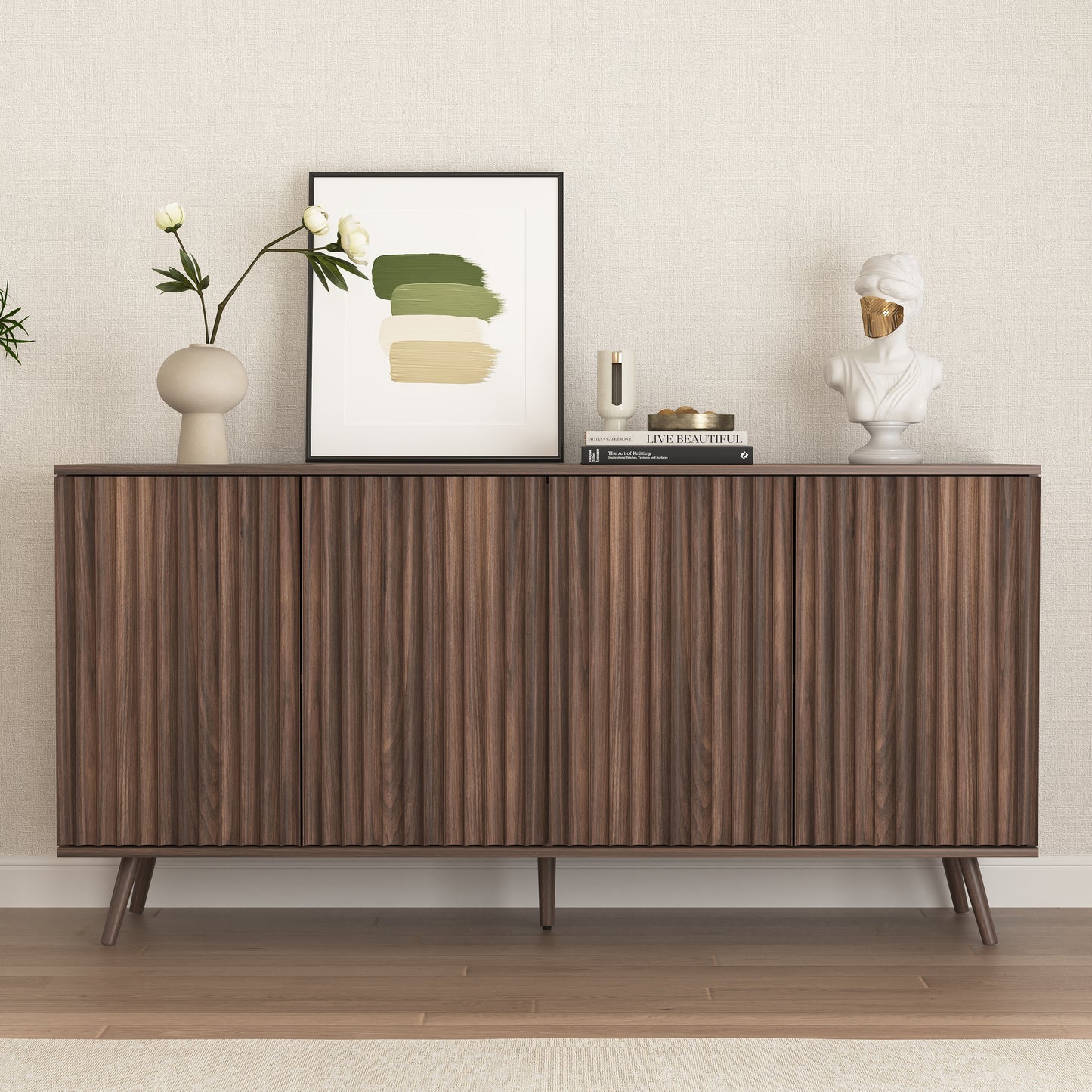 Sideboard Buffet Cabinet with Storage, Long Sideboard Storage Cabinet with 4 Doors, Wood Credenza Console Coffee Bar Cabinets with Adjustable Shelves for Living Room Kitchen Dining Room Walnut image 1