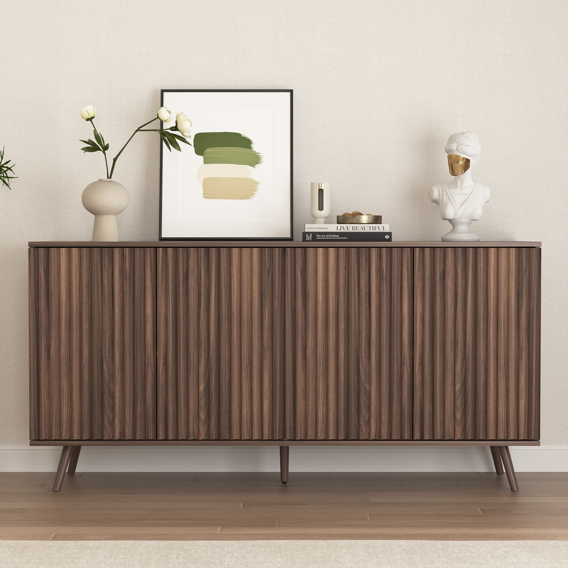 Sideboard Buffet Cabinet with Storage, Long Sideboard Storage Cabinet with 4 Doors, Wood Credenza Console Coffee Bar Cabinets with Adjustable Shelves for Living Room Kitchen Dining Room Walnut image 1