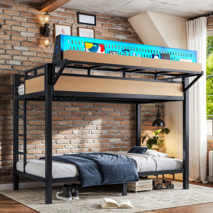 Twin XL over Twin XL Size Metal Bunk Bed with Storage Shelves and Pegboard, Bunk Bed Frame with USB Ports and LED Lights, Space-Saving, for Teens and Adults, Natural image 3