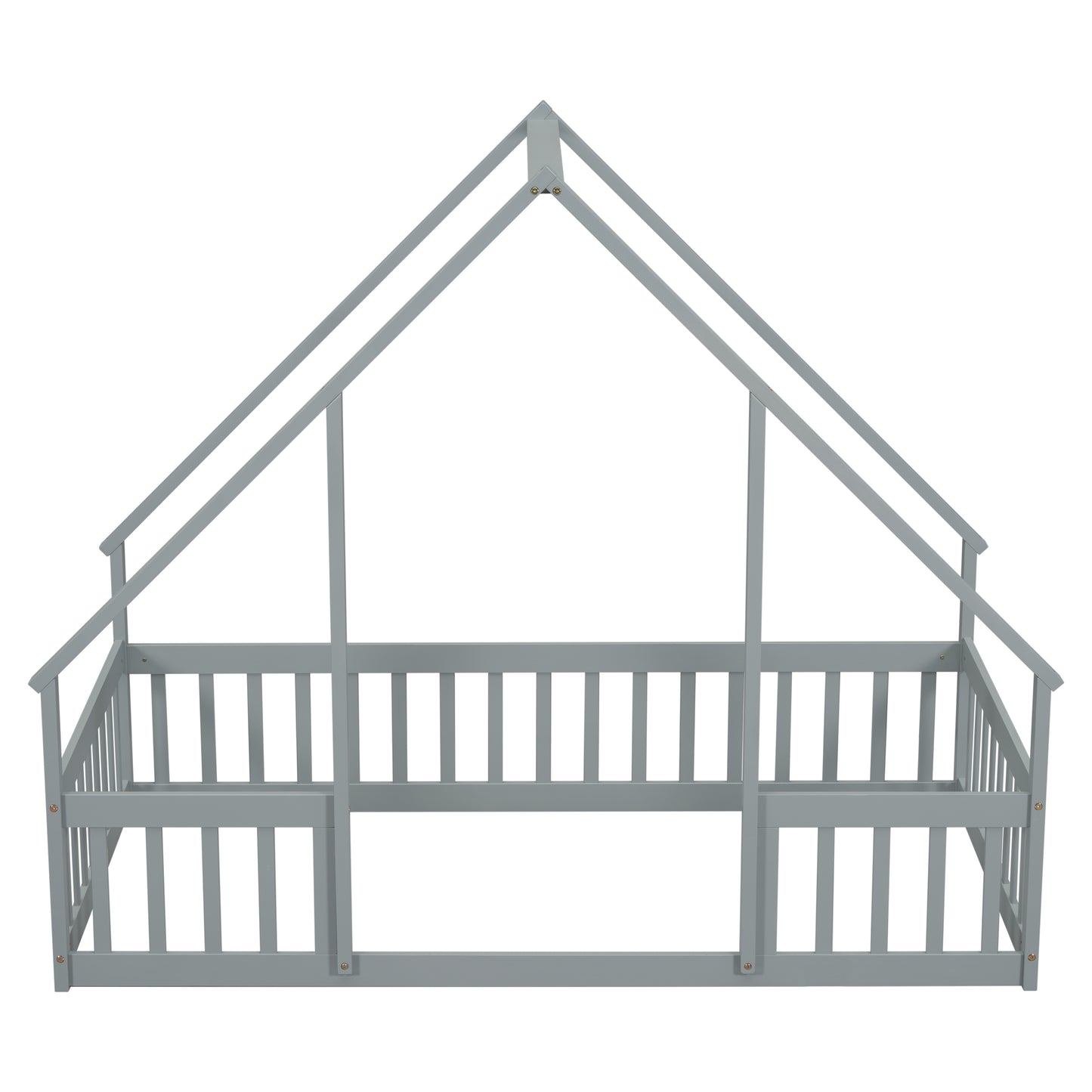 Twin Wood House-Shaped Floor Bed with Fence, Guardrails,Grey image 6