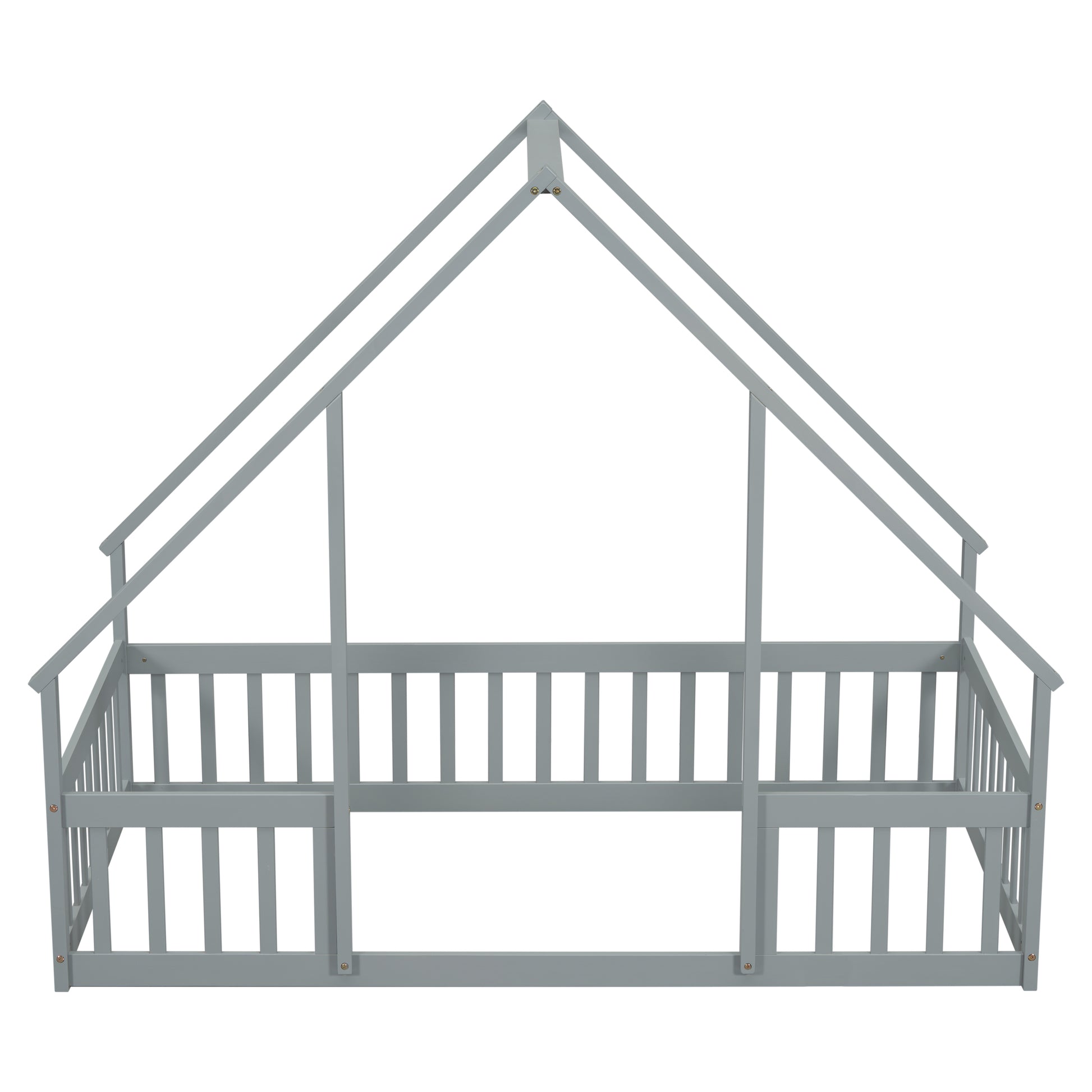 Twin Wood House-Shaped Floor Bed with Fence, Guardrails,Grey image 6