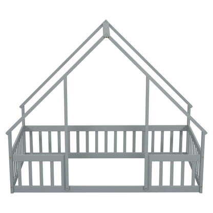 Twin Wood House-Shaped Floor Bed with Fence, Guardrails,Grey image 6