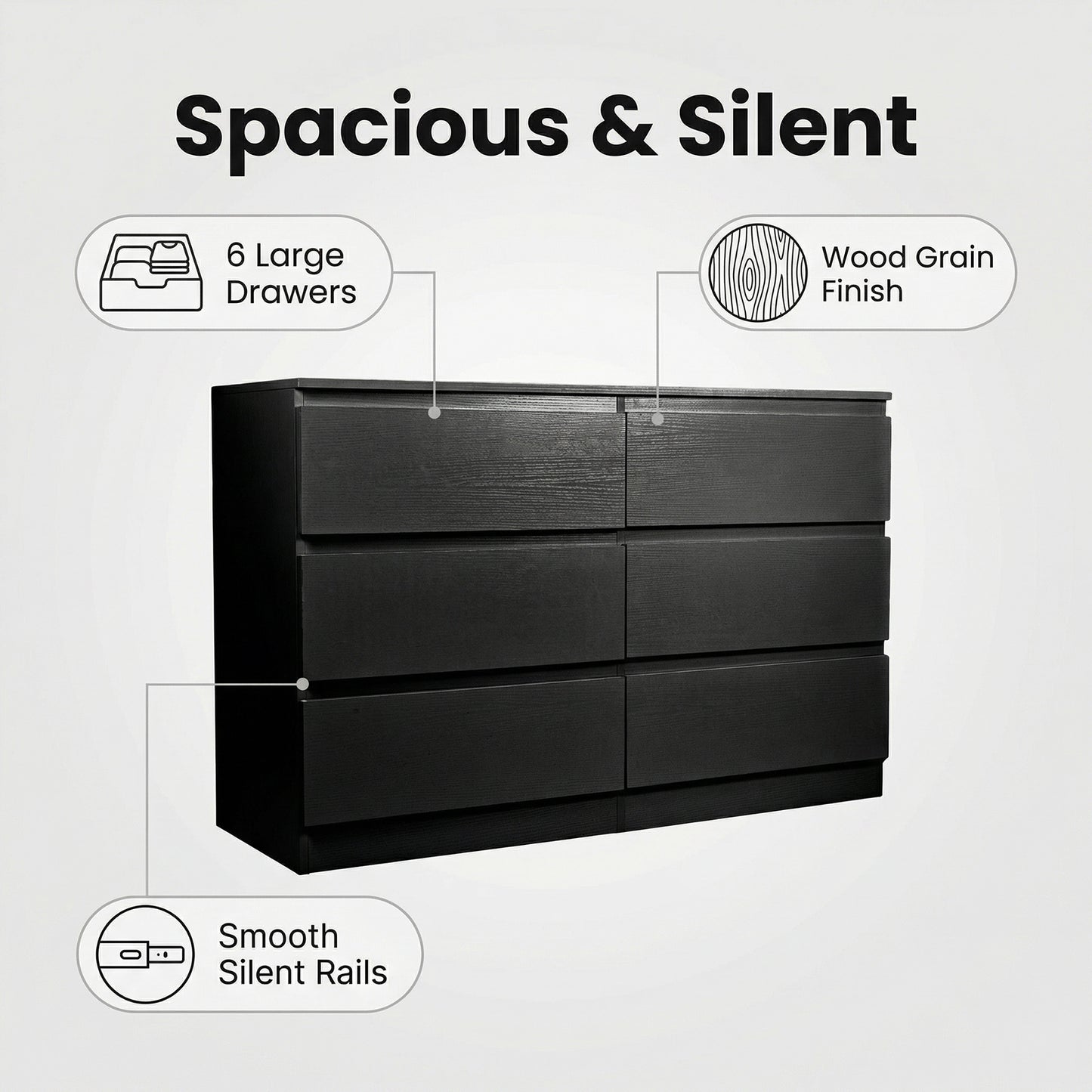 6 Drawer Black Dresser, Modern Bedroom Dresser with Spacious Countertop, Wood Storage Cabinet with Concealed Handles & 6 Deep Drawers for Bedroom, Living Room, Entryway, 15.7" D x 47.2" W x 30.9" H image 9
