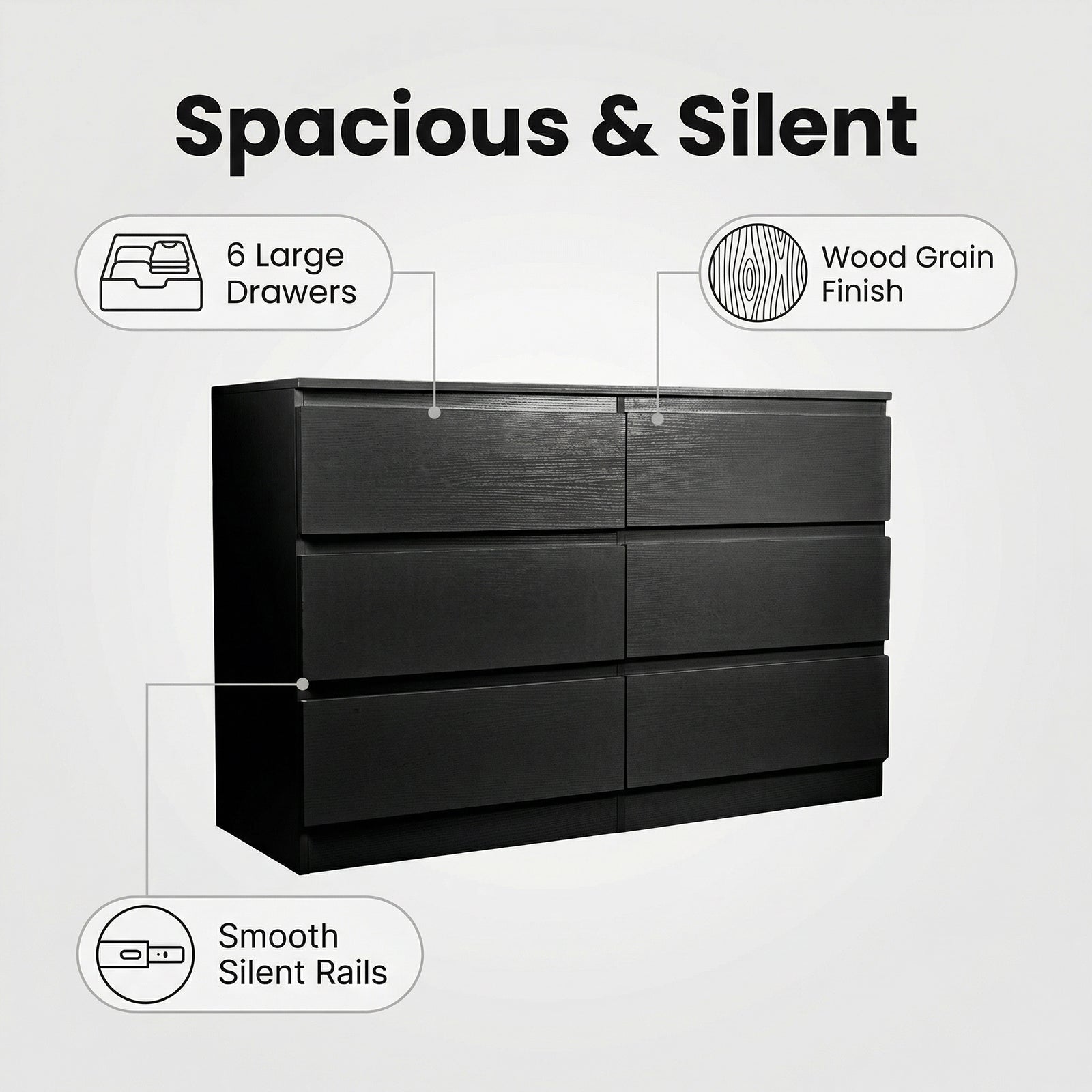 6 Drawer Black Dresser, Modern Bedroom Dresser with Spacious Countertop, Wood Storage Cabinet with Concealed Handles & 6 Deep Drawers for Bedroom, Living Room, Entryway, 15.7" D x 47.2" W x 30.9" H image 9