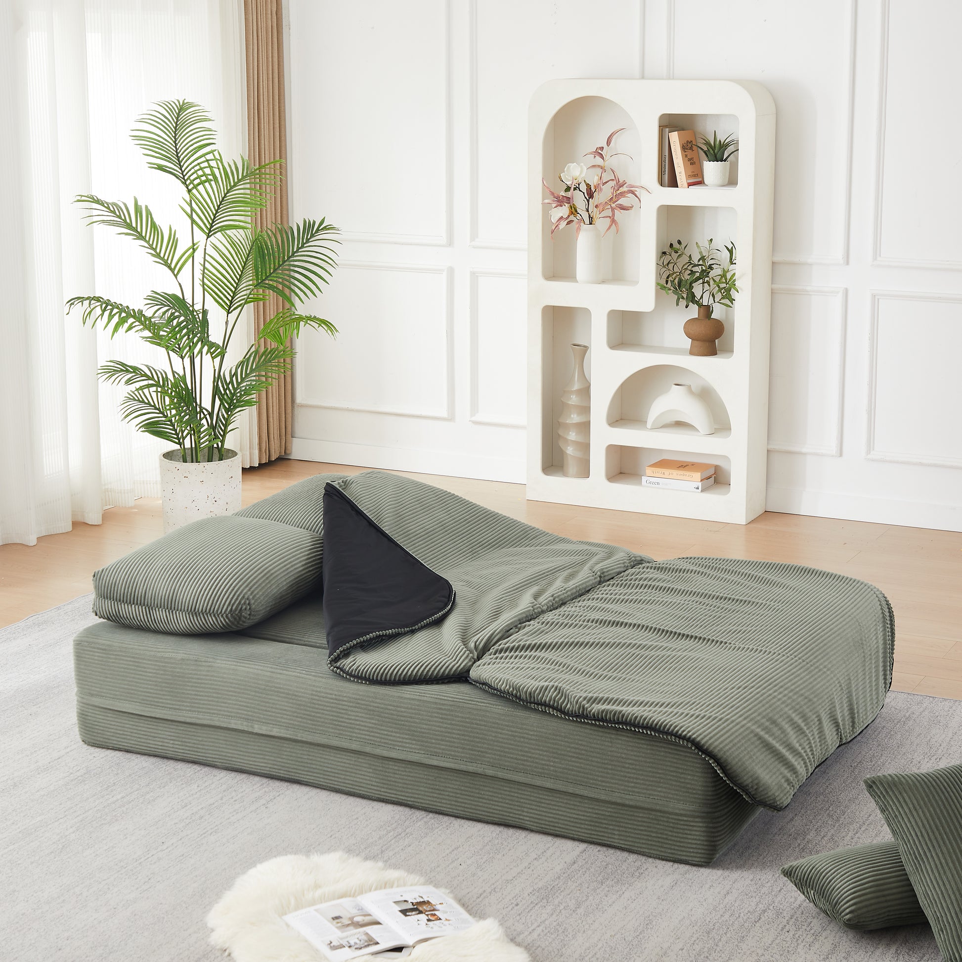 75''2-in-1 Foldable Sofa,Convertible Sleeper Foam Sofa Bed with Multi Functional Blanket, Corduroy Floor folding sofa bed, Floor Sofa Lounge Sofa for Living Room Bedroom Lounge Studio image 1
