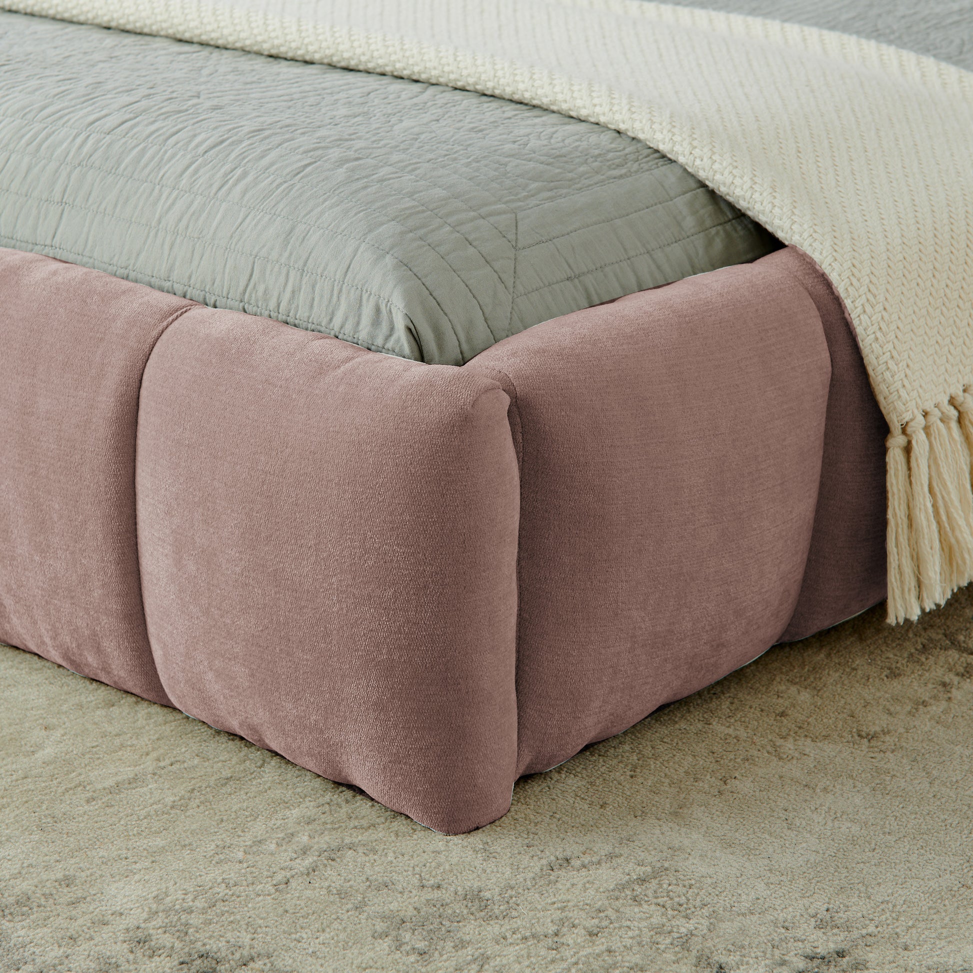 King size Upholstered Bed Frame with Thick Fabric, Chenille Fabric Grounded Queen Size Platform Bed with Headboard and Solid Frame. No Box Spring Needed-Pink(88.5''*85.5''*24'') image 5