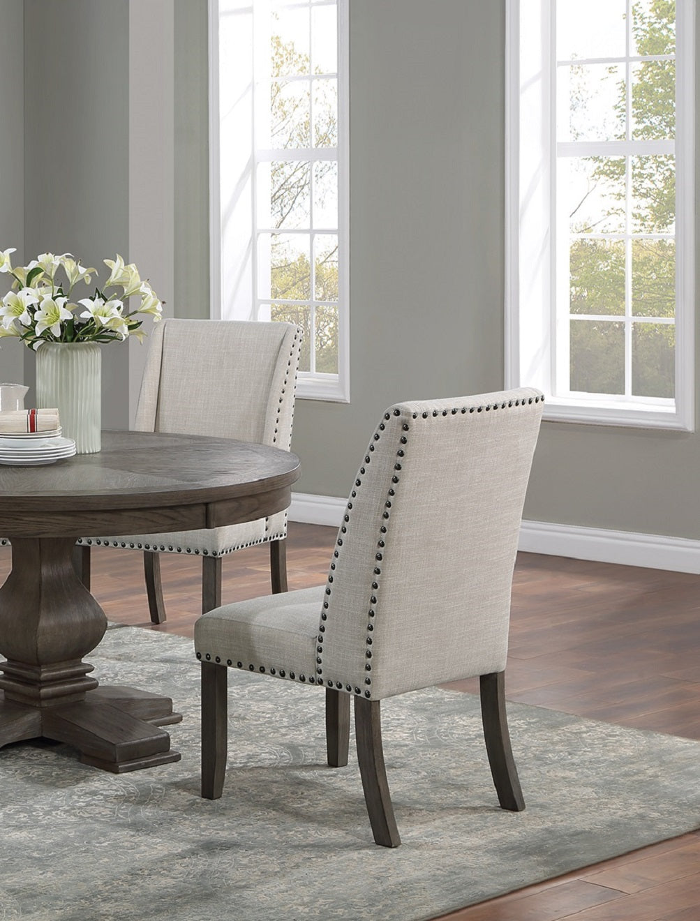 Traditional Formal 2pc Side Chairs Upholstered Wingback Design Oak Finish Dining Room Furniture Nailhead Trims Dining Chairs image 11